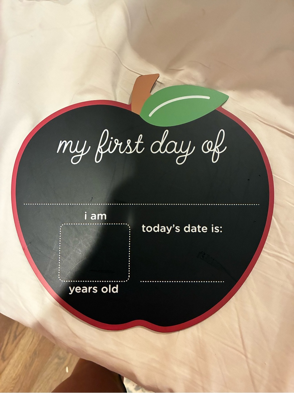 Apple-Shaped First Day Chalkboard Sign — Black with Red and Green Accents